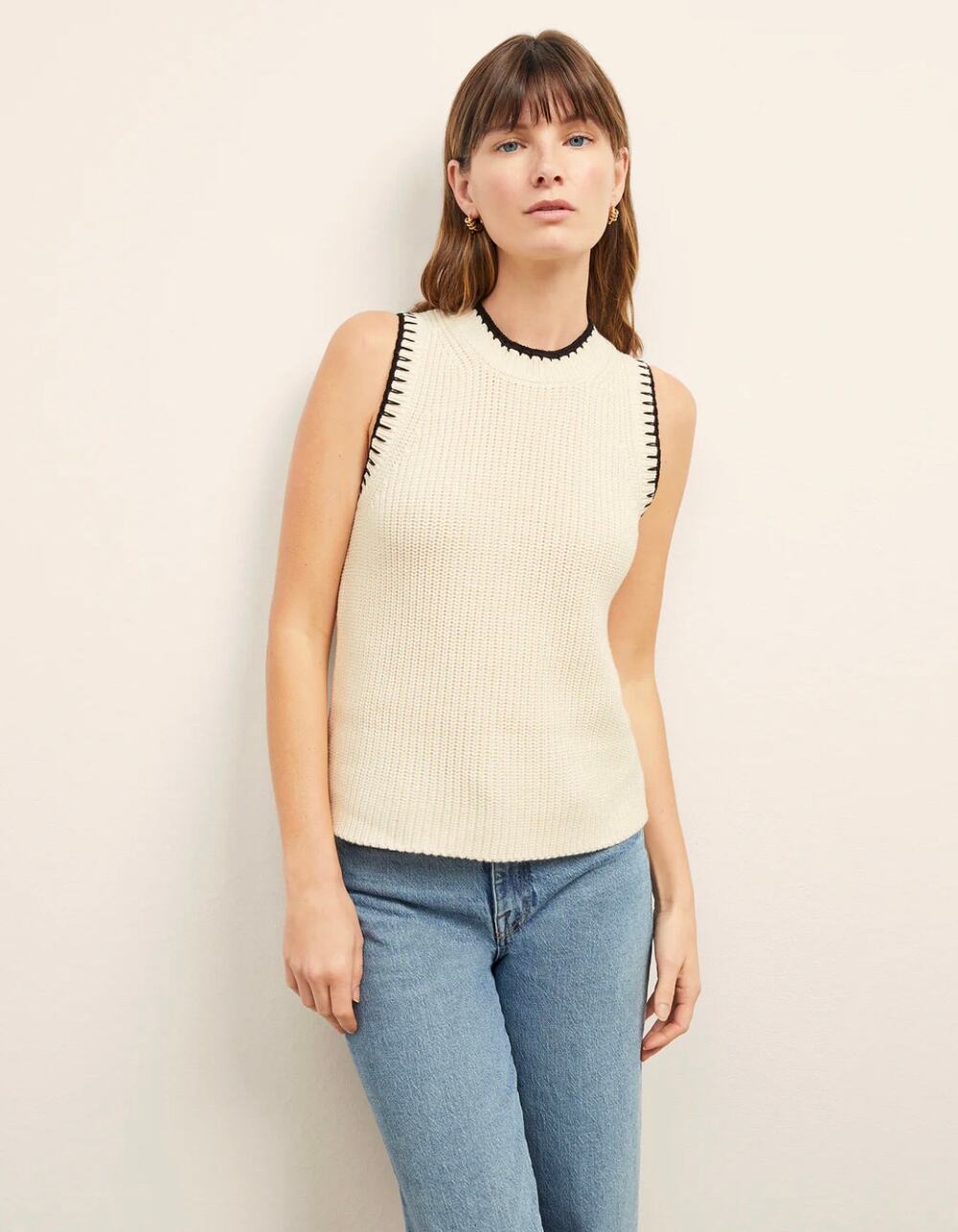 M.M. Lafleur Womens L Cream Black Cashmere Giada Knit Pullover Tank Sweater NWT